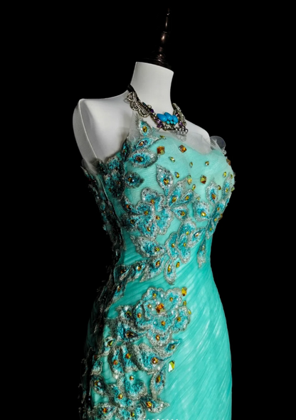Robes d'anniversaire élégantes bleu dégradé, col en V, paillettes, mousseline, fourreau, robes de bal, robes de soirée ED04456