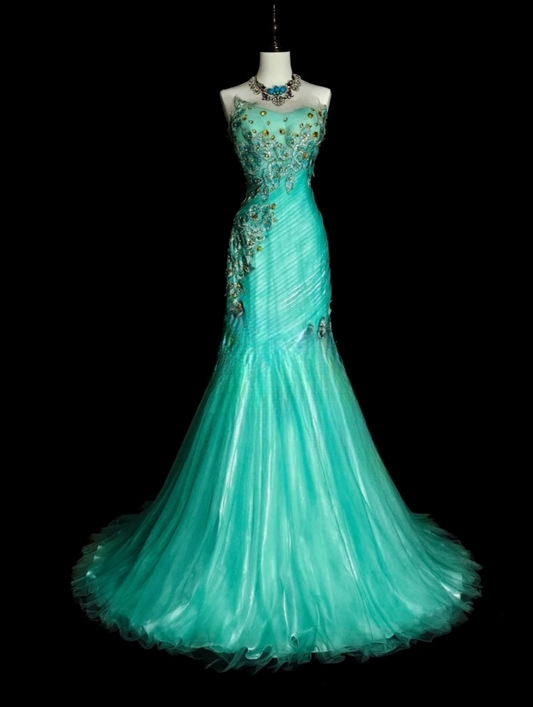 Elegant Mermaid Long Prom Dress Appliques Tulle Strapless Evening Dress Sleeveless Party Dress ED06312