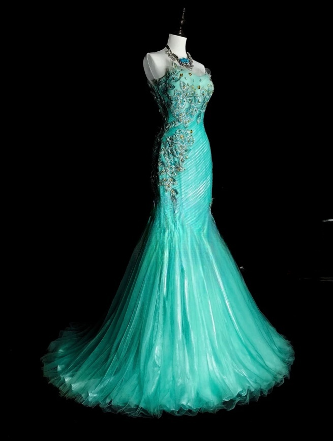 Elegant Mermaid Long Prom Dress Appliques Tulle Strapless Evening Dress Sleeveless Party Dress ED06312