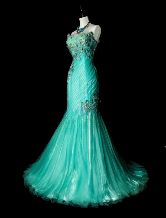 Elegant Mermaid Long Prom Dress Appliques Tulle Strapless Evening Dress Sleeveless Party Dress ED06312