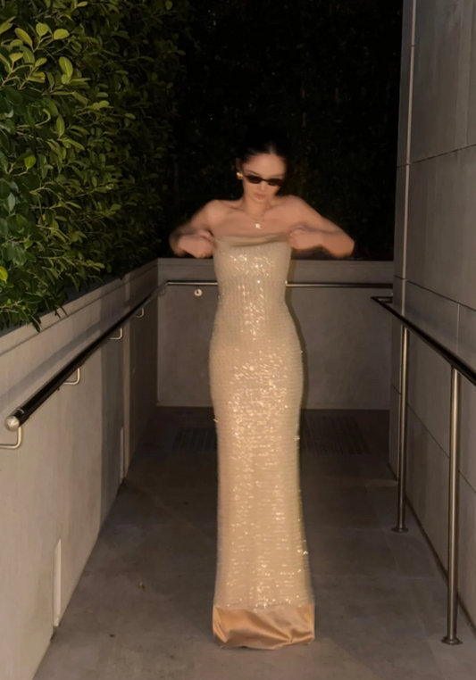 Elegant Sheath Champagne Long Prom Dress Sequins Strapless Evening Dress Sleeveless Party Dress ED06313