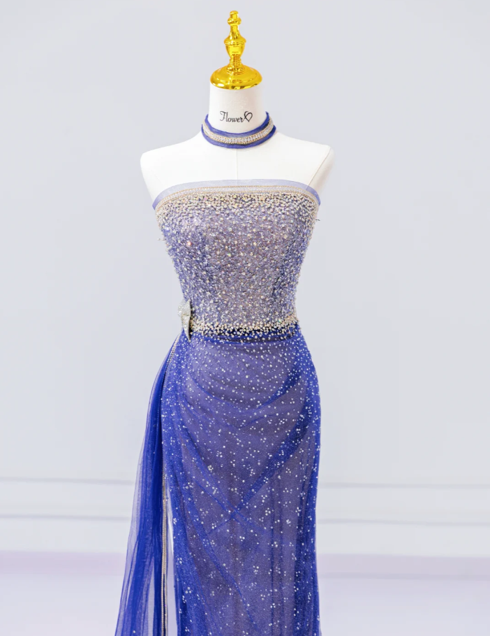 Elegant Sheath Blue Long Prom Dress Sequins Tulle Strapless Evening Dress Sleeveless Party Dress ED06314