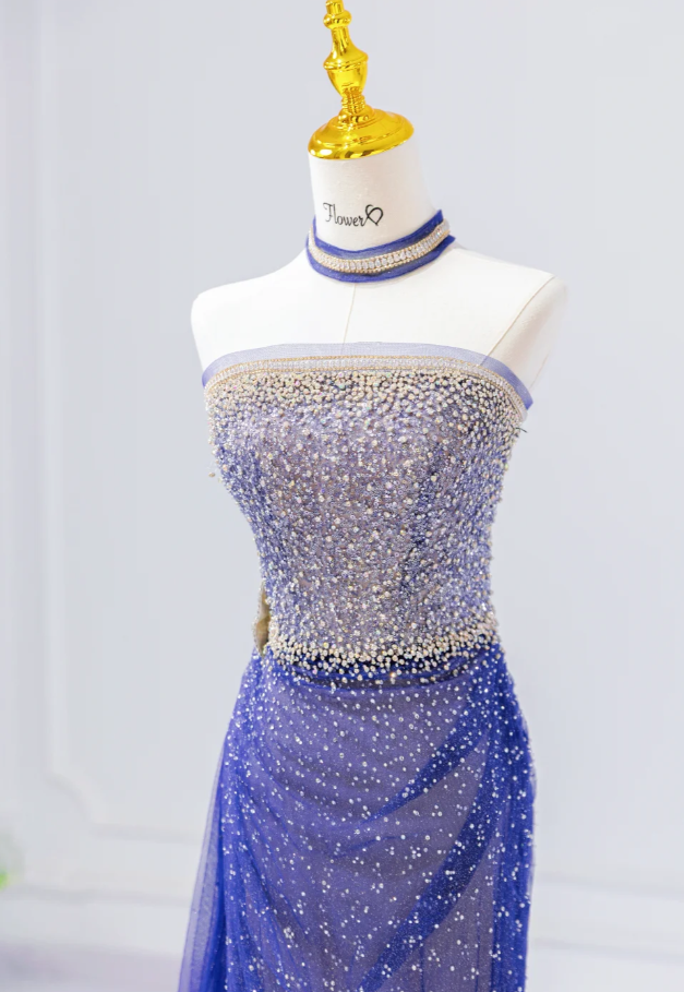 Elegant Sheath Blue Long Prom Dress Sequins Tulle Strapless Evening Dress Sleeveless Party Dress ED06314