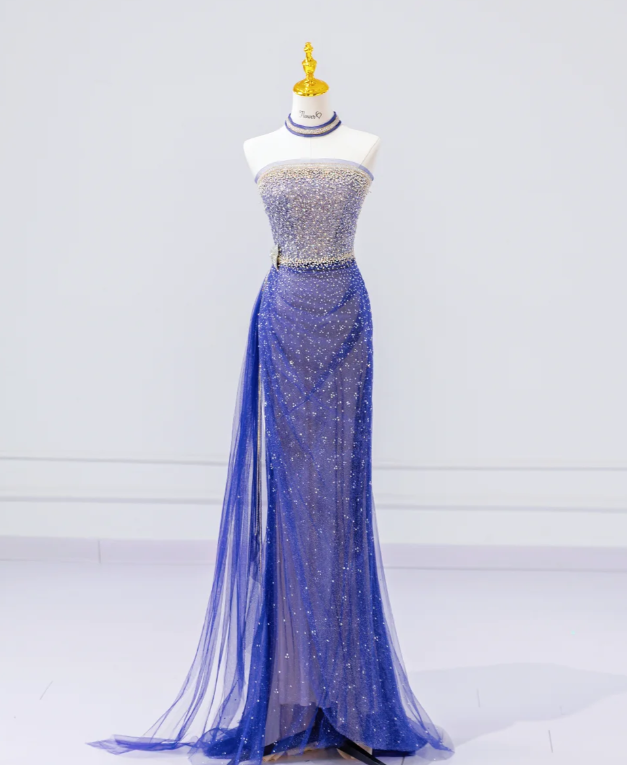 Elegant Sheath Blue Long Prom Dress Sequins Tulle Strapless Evening Dress Sleeveless Party Dress ED06314