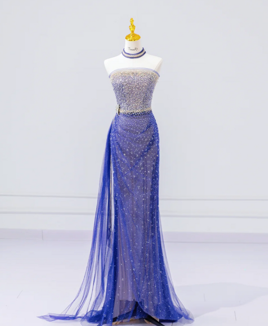 Elegant Sheath Blue Long Prom Dress Sequins Tulle Strapless Evening Dress Sleeveless Party Dress ED06314