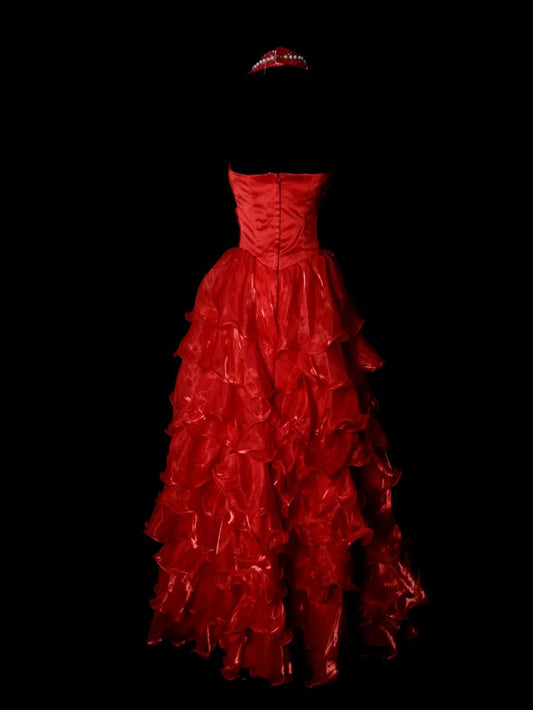 Chic A-Line Red Long Prom Dress Organza Halter Sleeveless Evening Dress ED06317