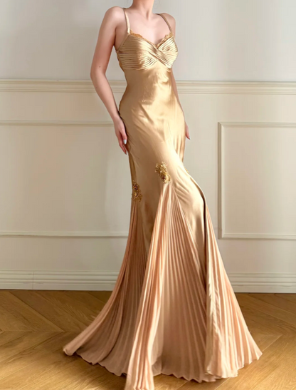 Chic Sheath Gold Long Prom Dress Satin Straps Sleeveless Evening Dress ED06318