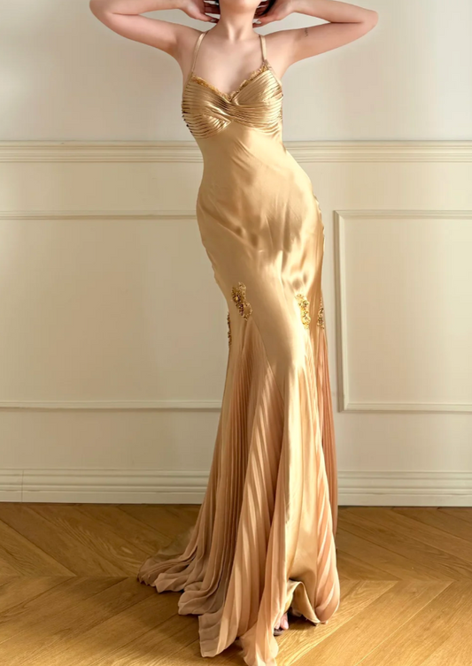 Chic Sheath Gold Long Prom Dress Satin Straps Sleeveless Evening Dress ED06318