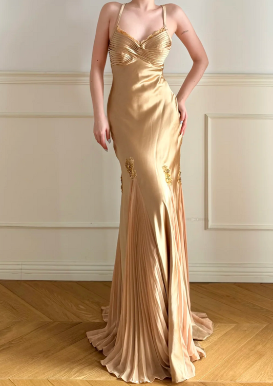 Chic Sheath Gold Long Prom Dress Satin Straps Sleeveless Evening Dress ED06318