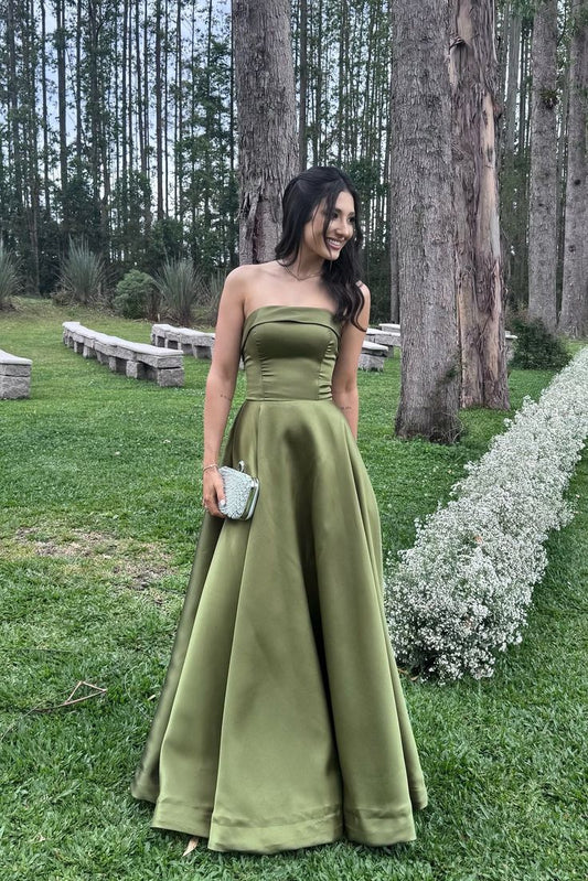 Chic A-Line Green Long Prom Dress Satin Strapless Sleeveless Evening Dress ED06319