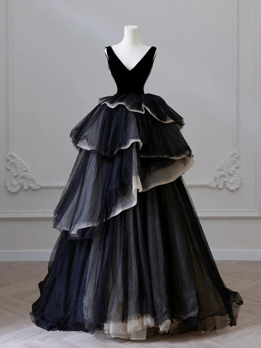Robe de bal longue noire en tulle à col en V, robe de soirée longue noire ED0632