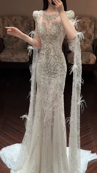 Elegant Mermaid Long Wedding Dress Beaded Tulle White Bridal Dress V-neck Bridal Gown ED06326