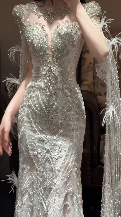 Elegant Mermaid Long Wedding Dress Beaded Tulle White Bridal Dress V-neck Bridal Gown ED06326