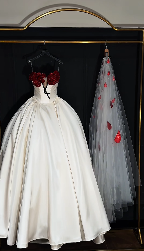 Elegant A-Line Long Wedding Dress Beaded Satin White Bridal Dress Strapless Bridal Gown ED06327