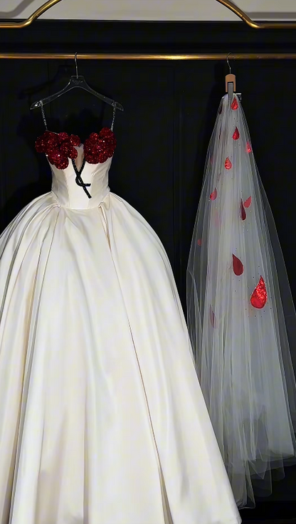 Elegant A-Line Long Wedding Dress Beaded Satin White Bridal Dress Strapless Bridal Gown ED06327