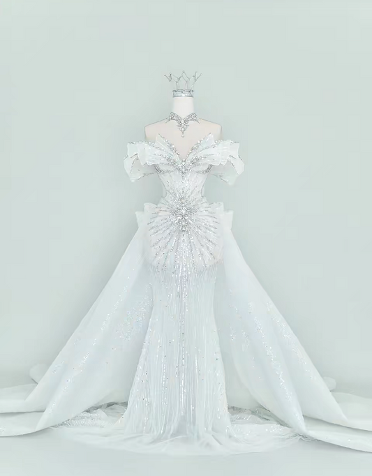 Elegant Mermaid Long Wedding Dress Beaded Tulle White Bridal Dress Off-shoulder Bridal Gown ED06328