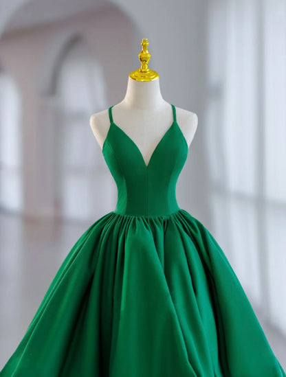 V Neck Satin Green Prom Dress, Green Formal Evening Dresses ED0633