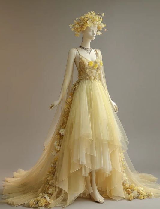 Fairy A-Line Yellow Long Prom Dress Applique Tulle Spaghetti Straps Evening Dress Sleeveless Birthday Dress ED06330