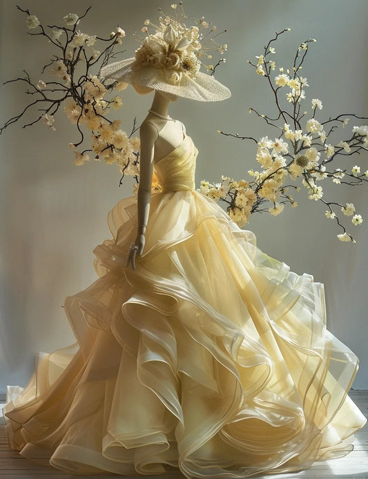 Fairy A-Line Yellow Long Prom Dress Tulle One-shoulder Quinceanera Dress Sleeveless Birthday Dress Sweet 16 Dress ED06331