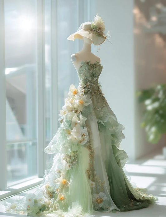 Fairy A-Line Green Long Prom Dress Appliques Tulle Sleeveless Sweet 16 Dresses Beaded Sweetheart Evening  Dress ED06332