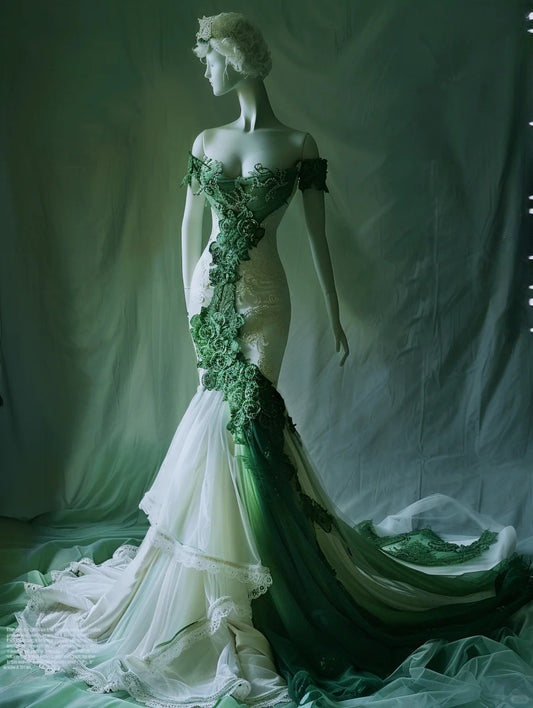 Elegant Mermaid Green Long Prom Dress Appliques Tulle Sleeveless Off-shoulder Evening  Dress ED06334