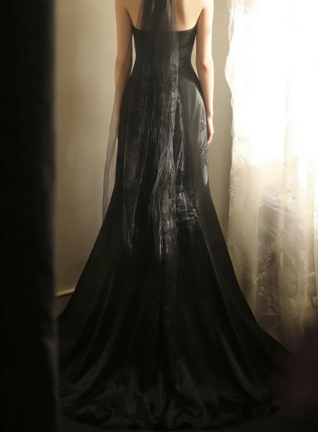 Elegant A-Line Black Long Prom Dress Satin Spaghetti Straps Evening Dress Sleeveless Party Dress ED06336