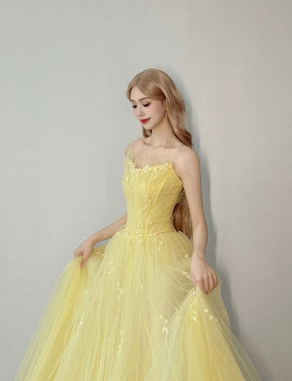 Cute A-Line Long Prom Dress Tulle Strapless Evening Dress Sleeveless Birthday Dress ED06338