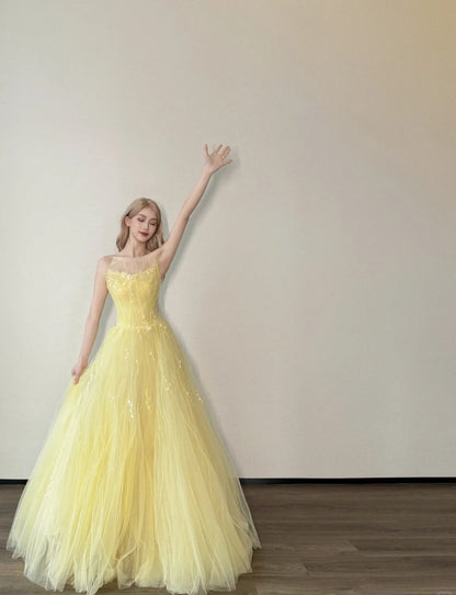 Cute A-Line Long Prom Dress Tulle Strapless Evening Dress Sleeveless Birthday Dress ED06338