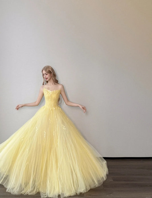 Cute A-Line Long Prom Dress Tulle Strapless Evening Dress Sleeveless Birthday Dress ED06338