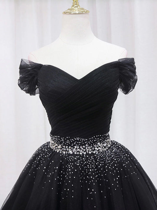 Robe de bal courte noire à col en V et paillettes ED0634