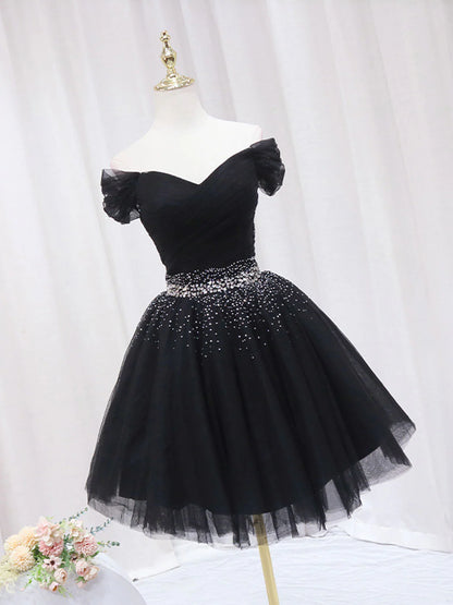 Robe de bal courte noire à col en V et paillettes ED0634