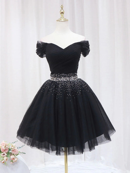 Robe de bal courte noire à col en V et paillettes ED0634