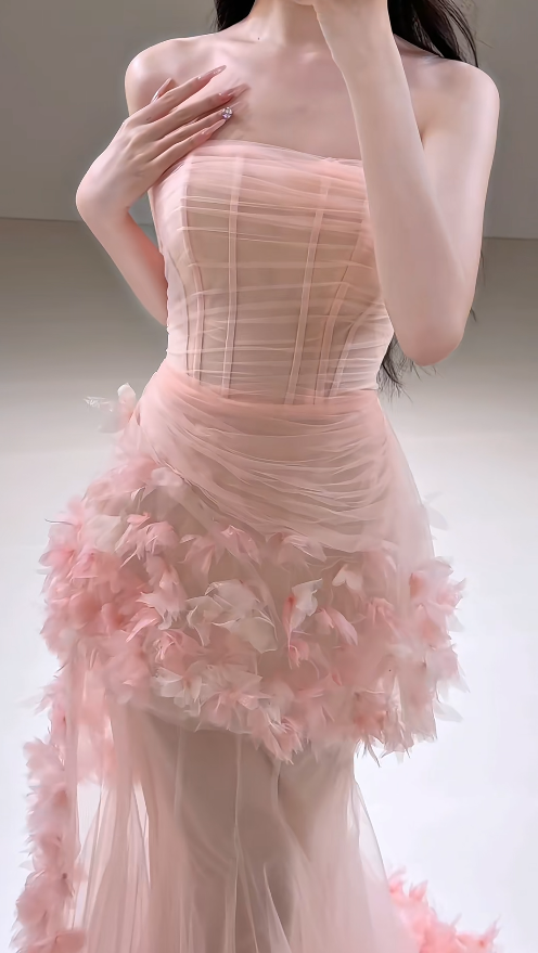 Cute Mermaid Pink Long Prom Dress Flowers Tulle Strapless Evening Dress  Sleeveless Birthday Dress ED06340