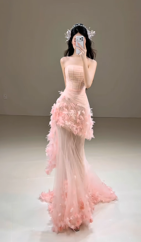 Cute Mermaid Pink Long Prom Dress Flowers Tulle Strapless Evening Dress  Sleeveless Birthday Dress ED06340