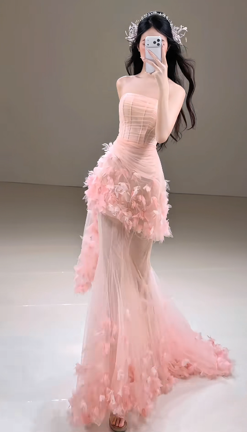 Cute Mermaid Pink Long Prom Dress Flowers Tulle Strapless Evening Dress  Sleeveless Birthday Dress ED06340