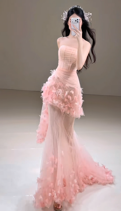 Cute Mermaid Pink Long Prom Dress Flowers Tulle Strapless Evening Dress  Sleeveless Birthday Dress ED06340