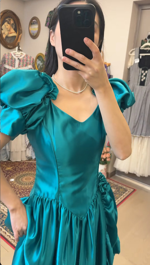 Cute A-Line Jade Long Prom Dress Satin V-Neck Evening Dress Floor length Birthday Dress ED06341