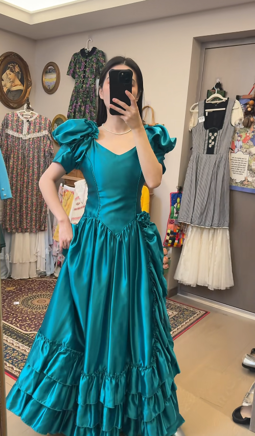 Cute A-Line Jade Long Prom Dress Satin V-Neck Evening Dress Floor length Birthday Dress ED06341