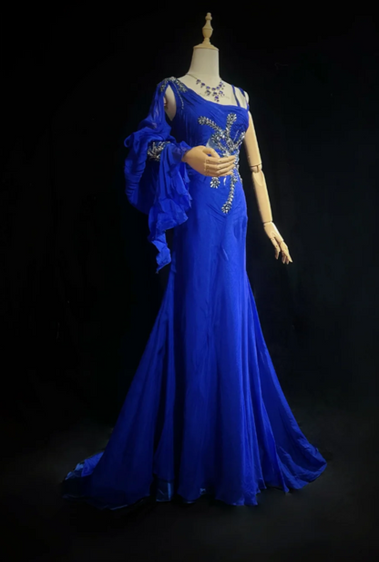 Elegant Sheath Royal Blue Long Prom Dress Sequin Chiffon Asymmetric Collar Evening Dress Sleeveless Birthday Dress ED06342