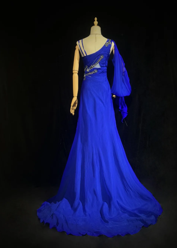 Elegant Sheath Royal Blue Long Prom Dress Sequin Chiffon Asymmetric Collar Evening Dress Sleeveless Birthday Dress ED06342