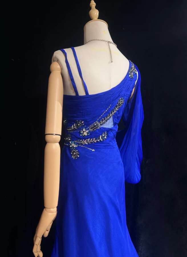 Elegant Sheath Royal Blue Long Prom Dress Sequin Chiffon Asymmetric Collar Evening Dress Sleeveless Birthday Dress ED06342