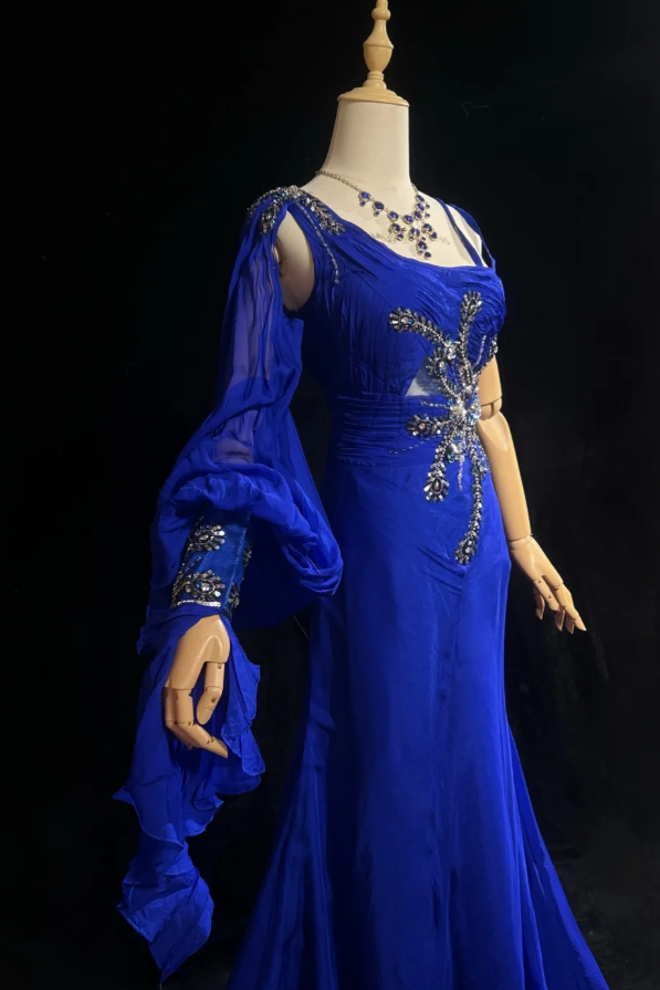 Elegant Sheath Royal Blue Long Prom Dress Sequin Chiffon Asymmetric Collar Evening Dress Sleeveless Birthday Dress ED06342