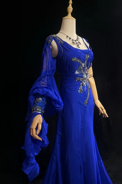 Elegant Sheath Royal Blue Long Prom Dress Sequin Chiffon Asymmetric Collar Evening Dress Sleeveless Birthday Dress ED06342