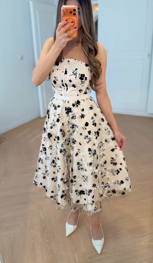 Elegant A-Line Champagne Prom Dress Floral Strapless Evening Dress ED06345