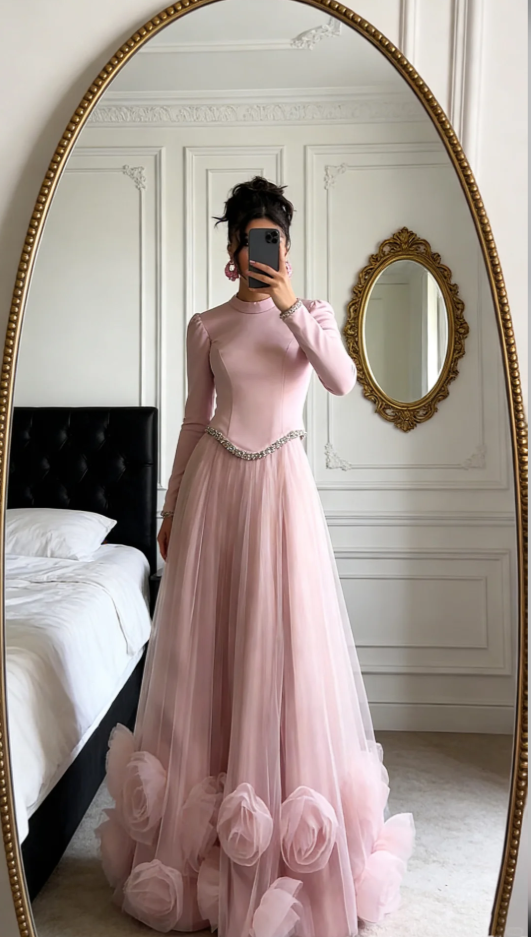 Elegant A-Line Pink Long Prom Dress Tulle High Neck Evening Dress ED06346
