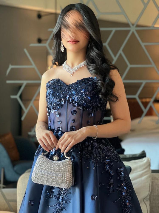 Elegant A-Line Navy Blue Long Prom Dress Sequins Satin Sweetheart Evening Dress ED06348