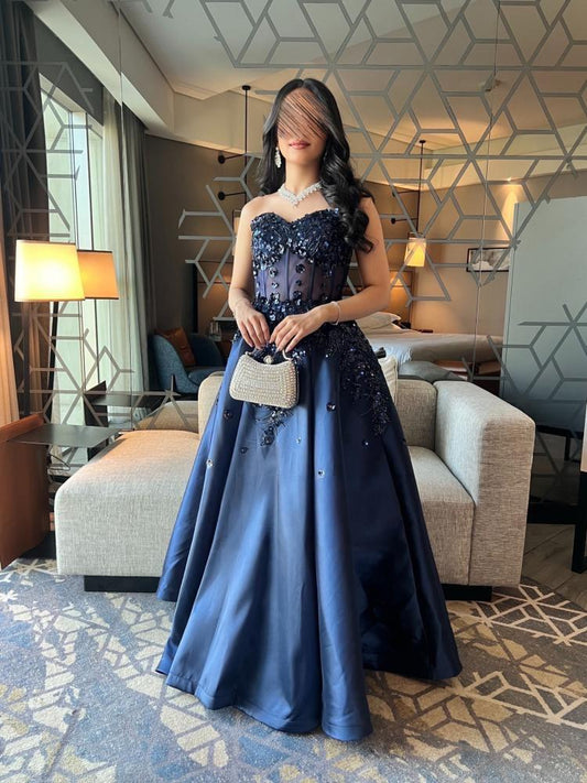 Elegant A-Line Navy Blue Long Prom Dress Sequins Satin Sweetheart Evening Dress ED06348