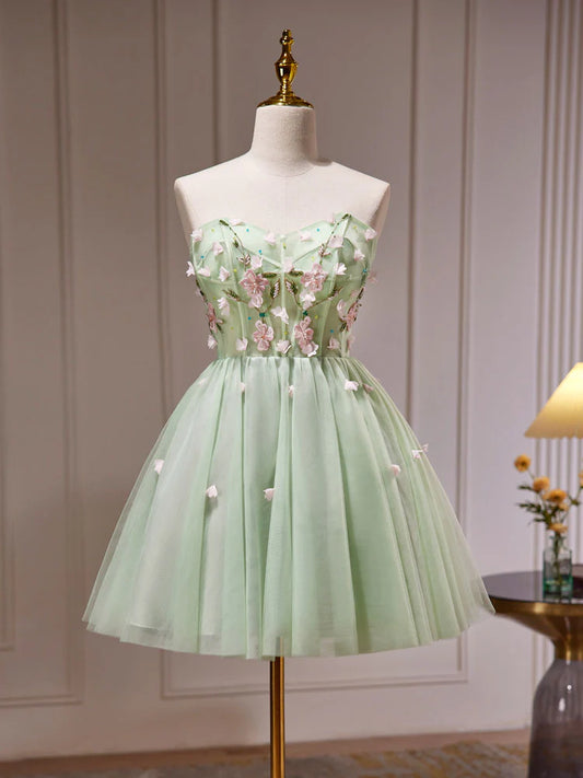 Grünes A-Linien-Tüll-Kurzballkleid, süße grüne Homecoming-Kleider ED0635
