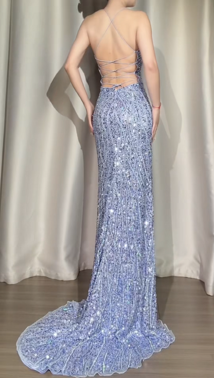 Elegant Sheath Gray Blue Long Prom Dress Sequins Spaghetti Straps Slit Evening Dress ED06350