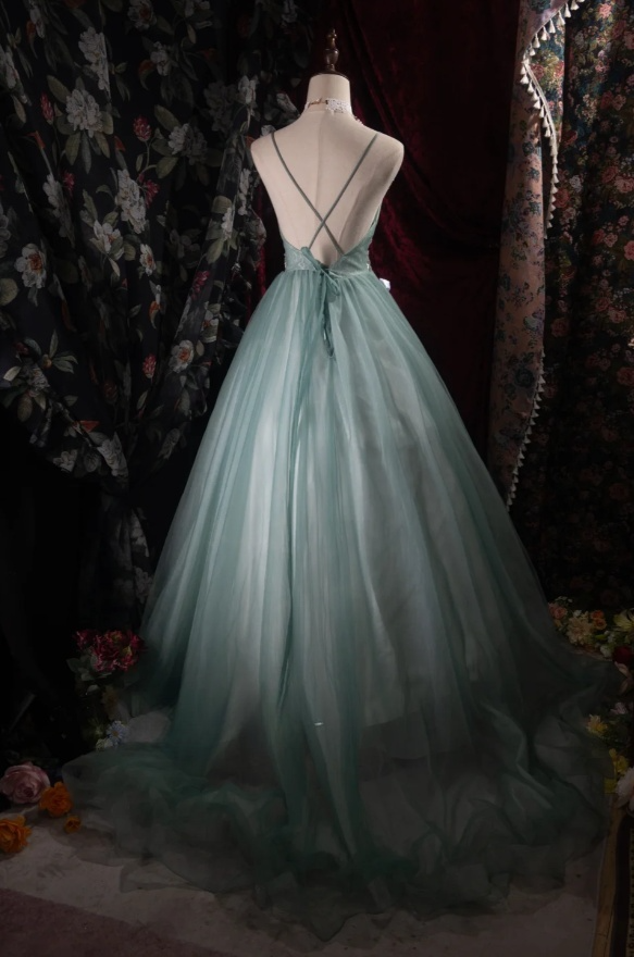 Elegant A-Line Soft Green Long Prom Dress Appliques Tulle Spaghetti Straps Evening Dress Backless Birthday Dress ED06351
